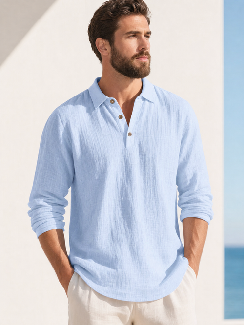 LIVORA Men's Linen Long Sleeve Polo Shirt | Lightweight Half-Button Design