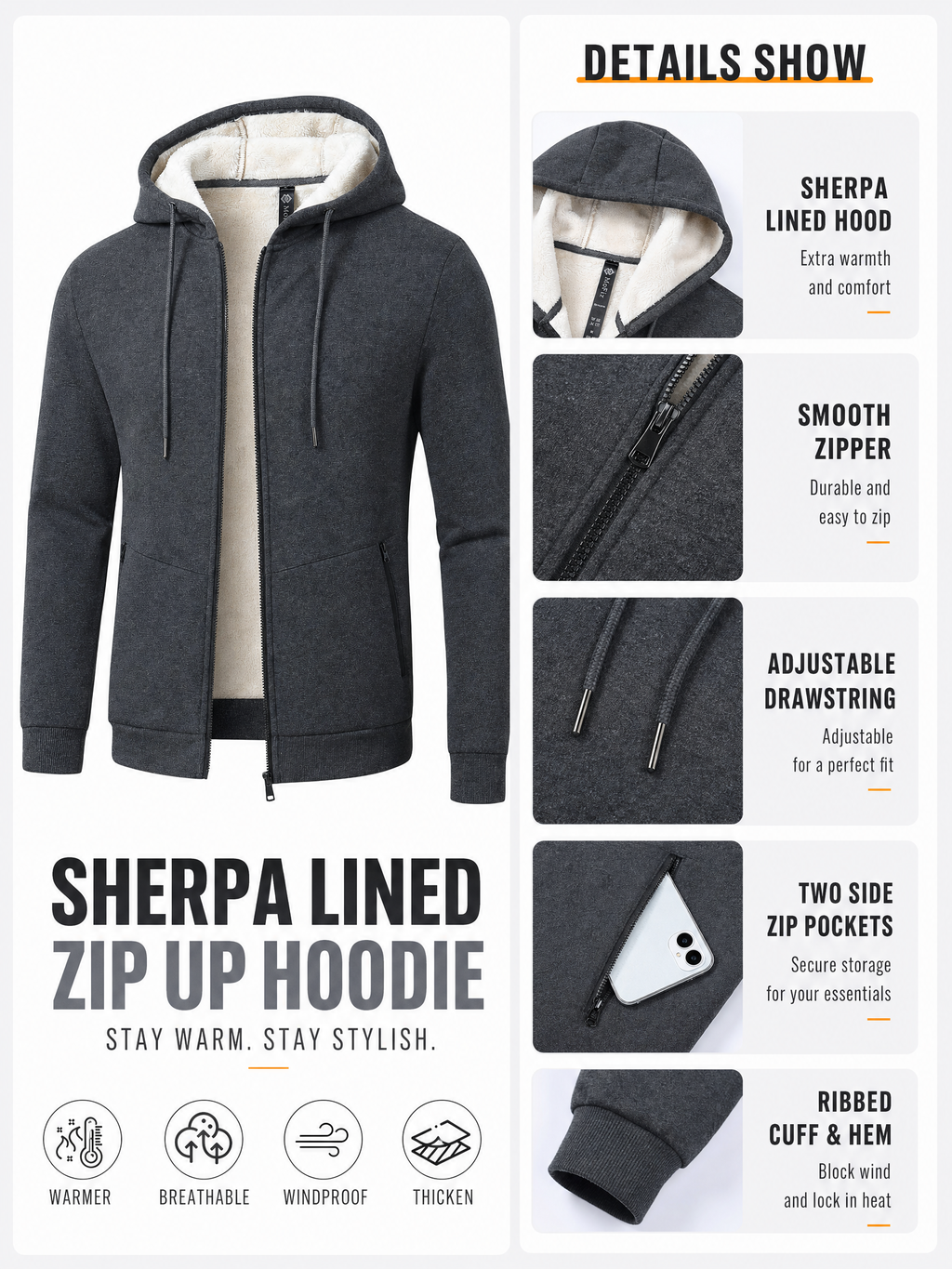 LIVORA Men's Fleece Hoodie Jacket | Full-Zip Warm Lined Jacket