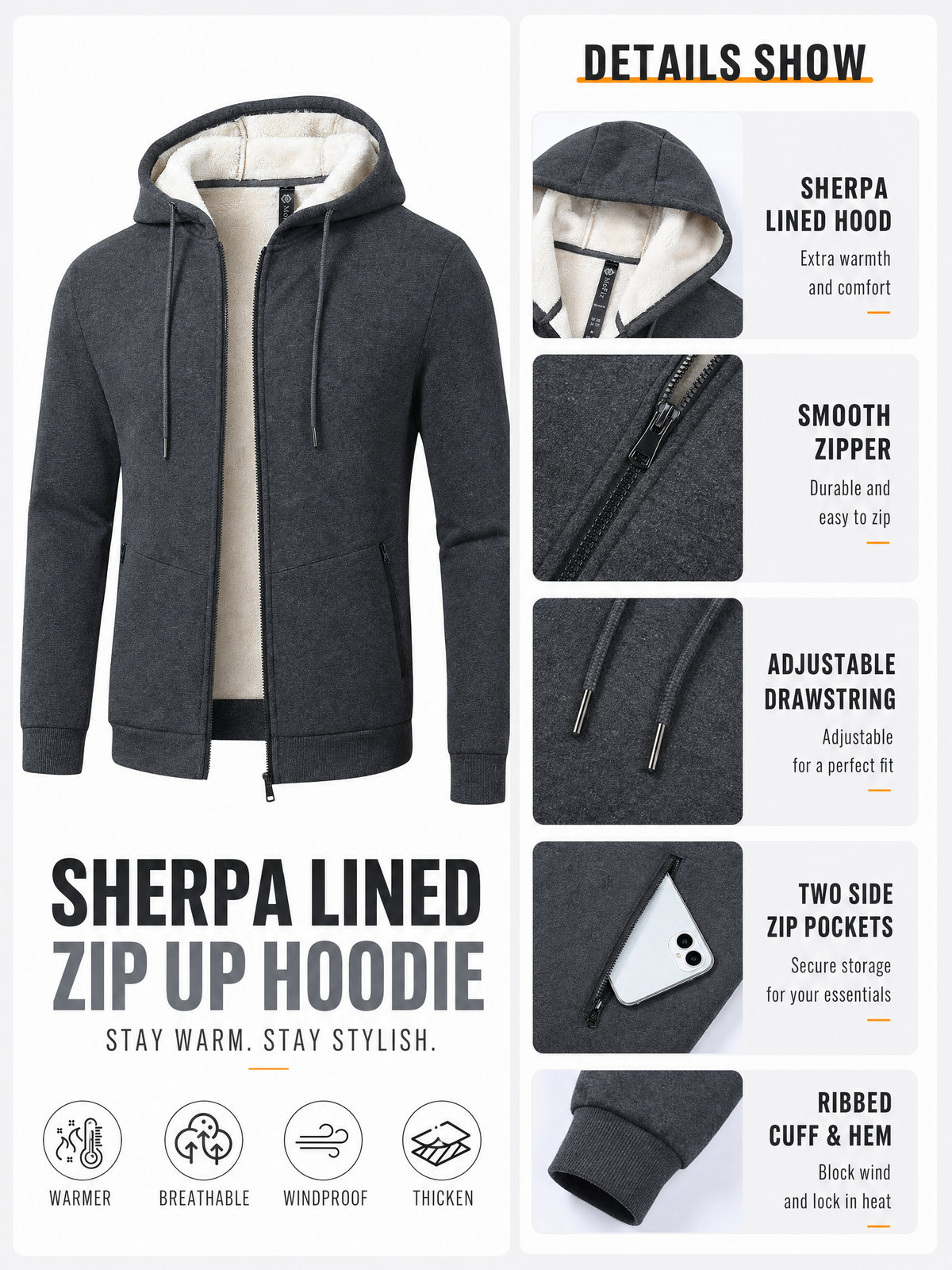 LIVORA Men's Fleece Hoodie Jacket | Full-Zip Warm Lined Jacket