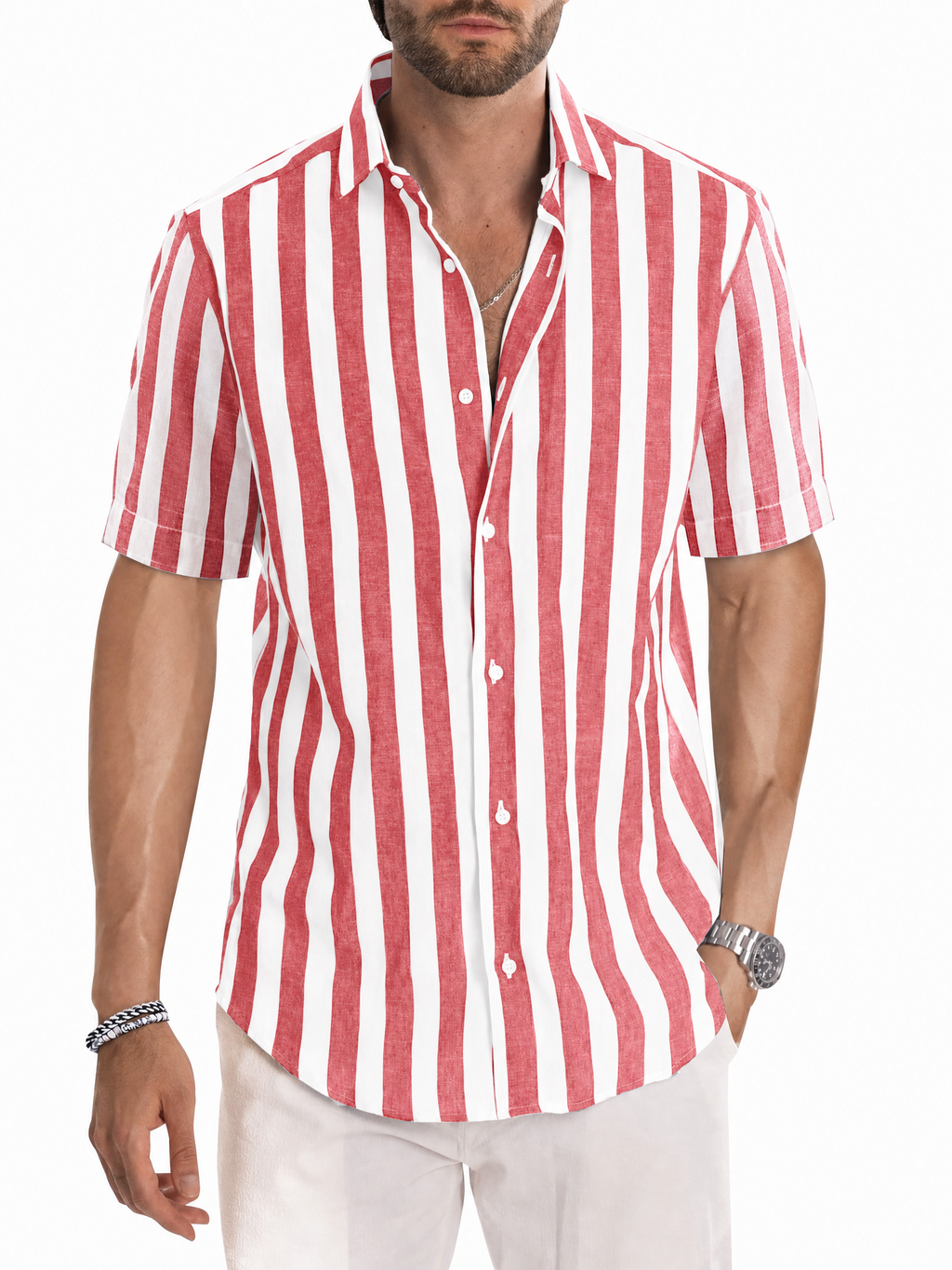 LIVORA Men's Striped Cotton Short Sleeve Shirt | Button-Up Casual Style