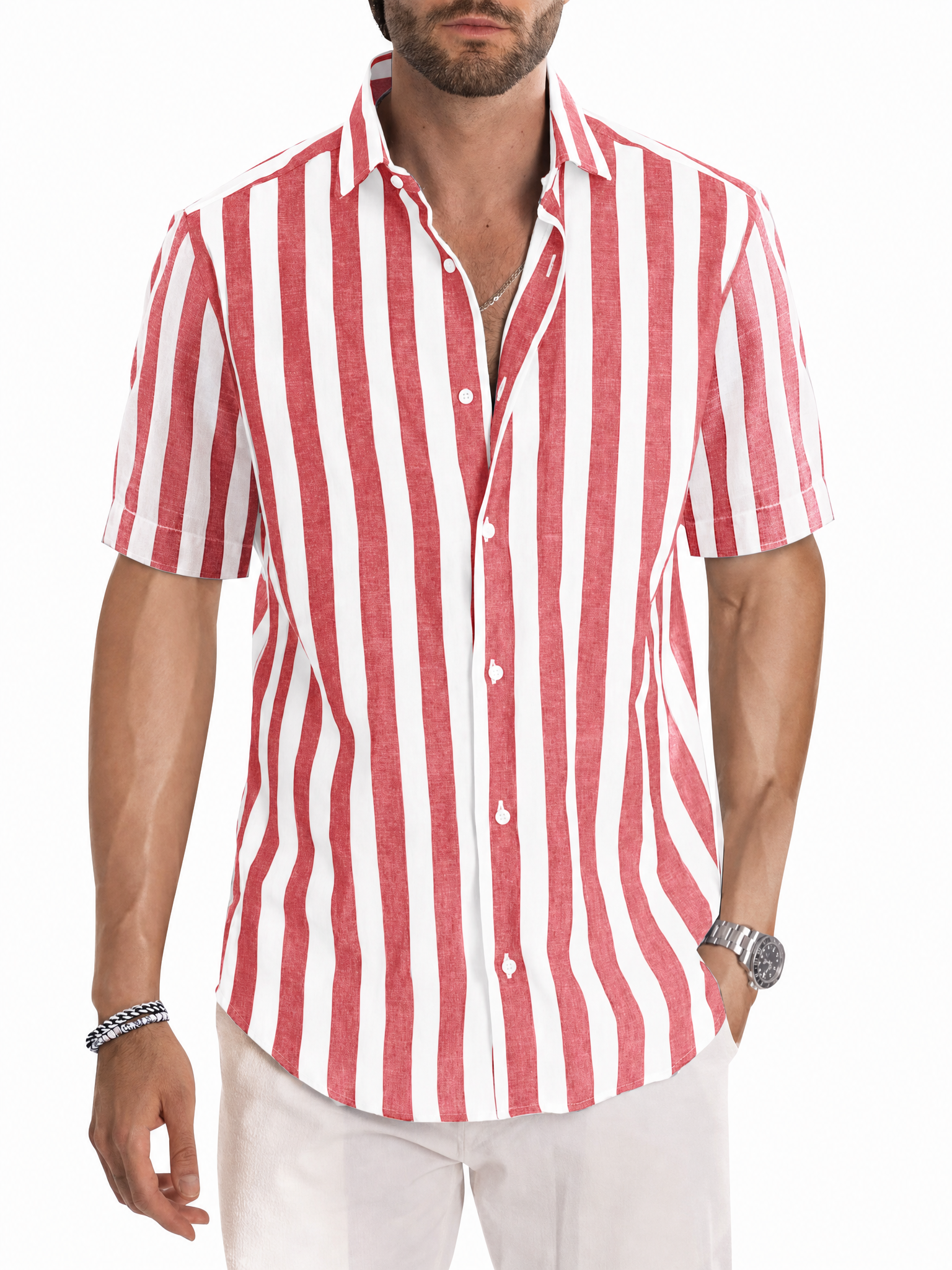 LIVORA Men's Striped Cotton Short Sleeve Shirt | Button-Up Casual Style