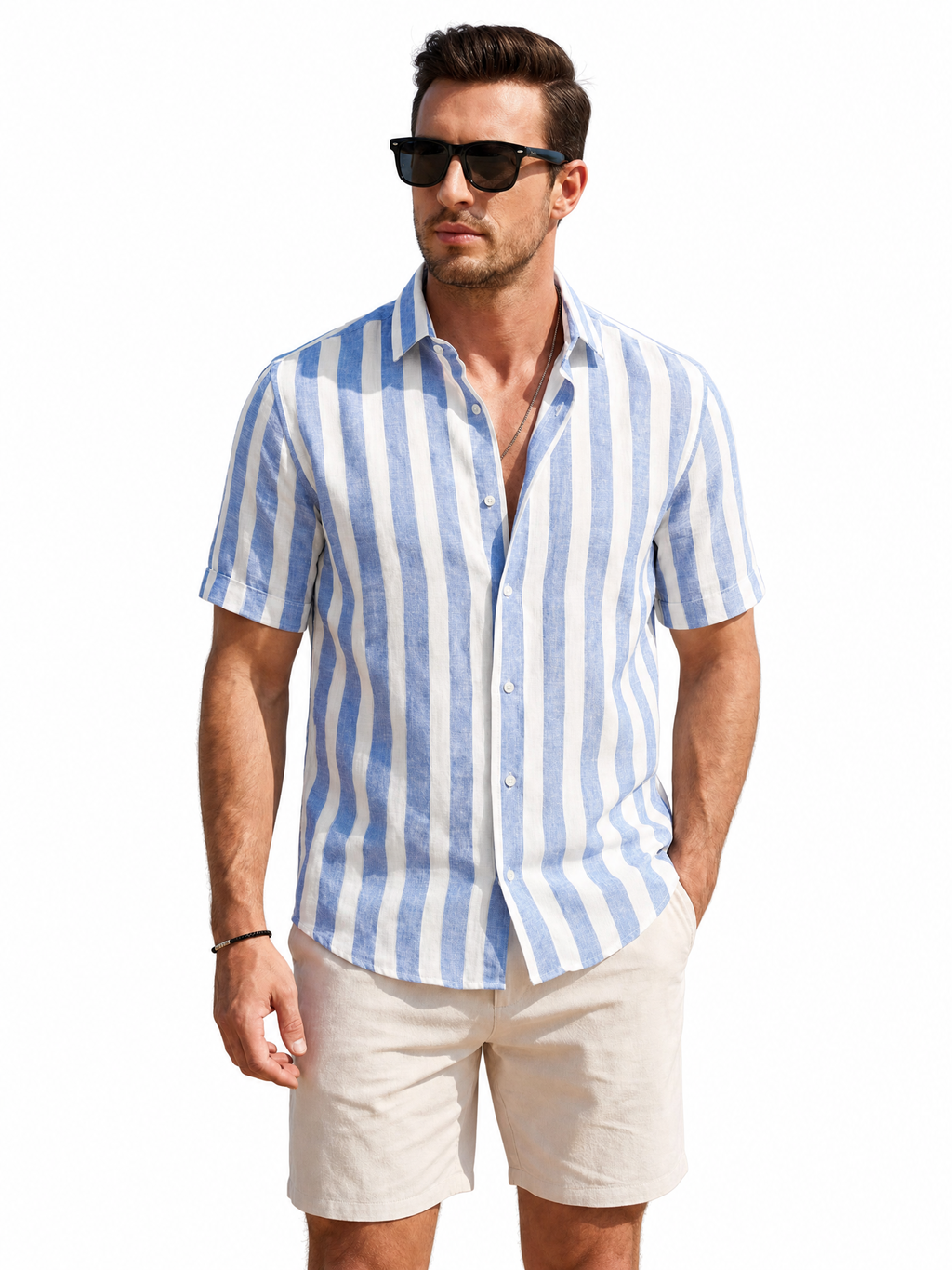 LIVORA Men's Striped Cotton Short Sleeve Shirt | Button-Up Casual Style