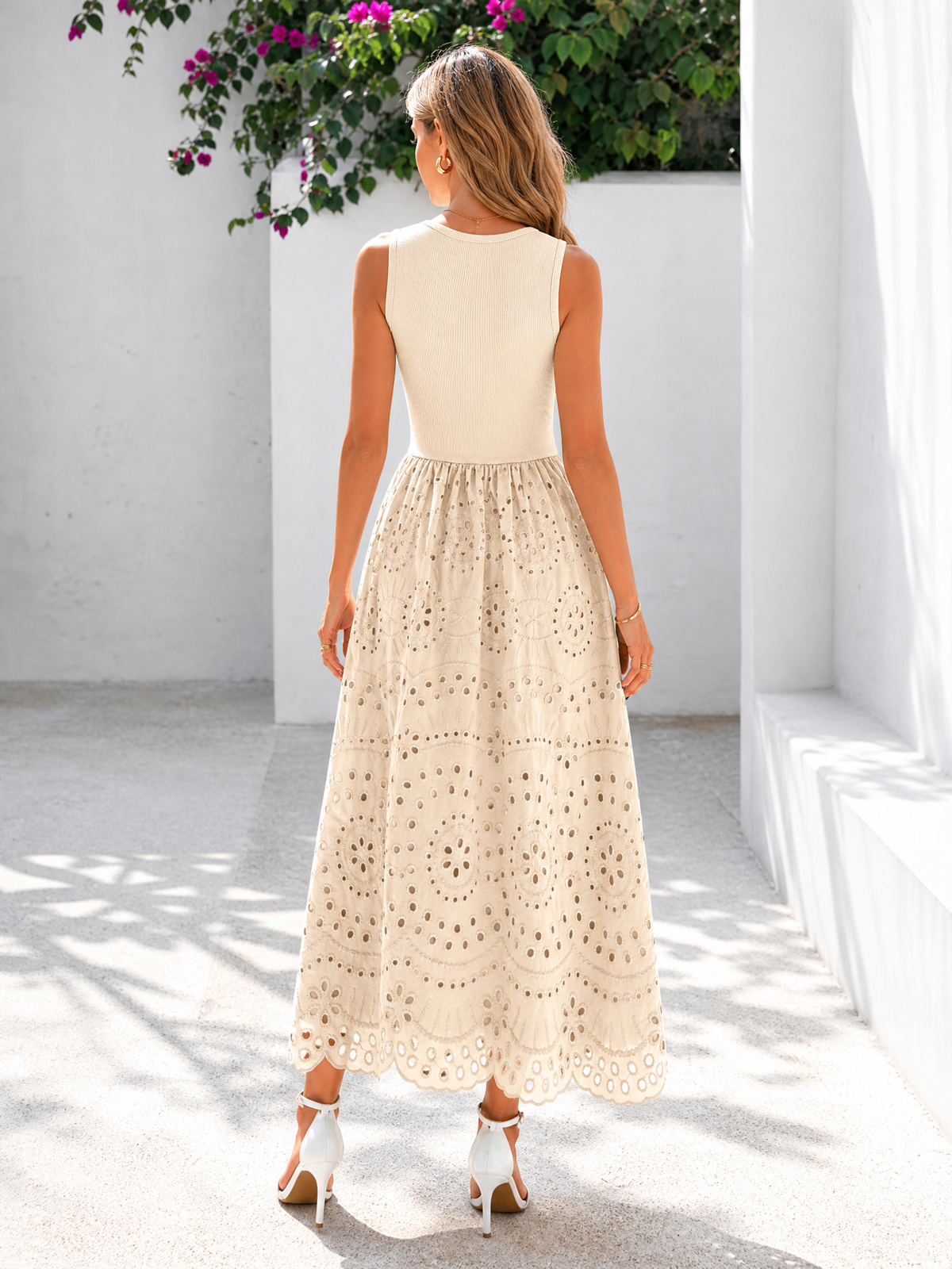 LIVORA Women's Cotton Eyelet Maxi Dress | Sleeveless A-Line Boho Sundress with Pockets