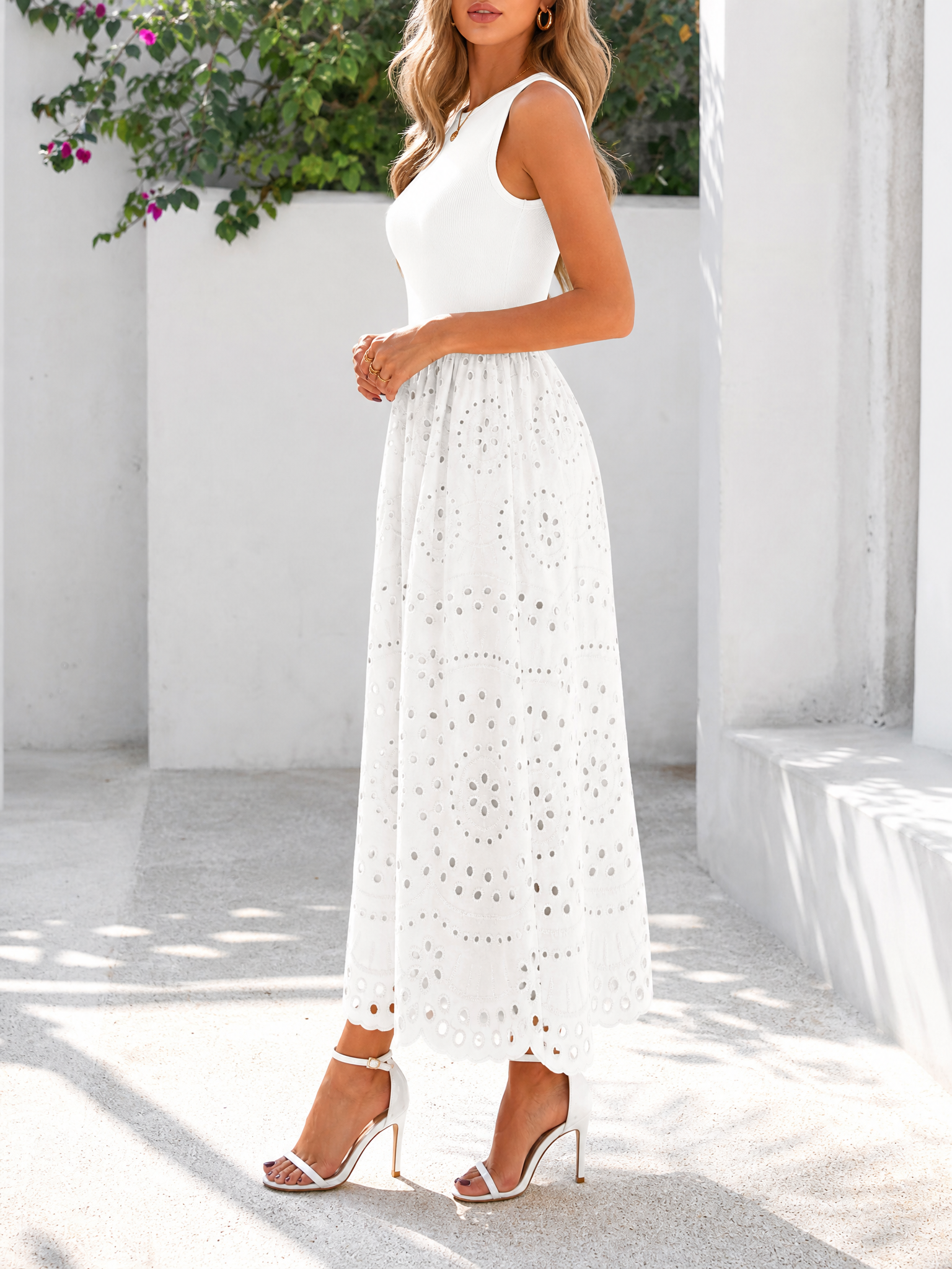 LIVORA Women's Cotton Eyelet Maxi Dress | Sleeveless Boho A-Line with Pockets