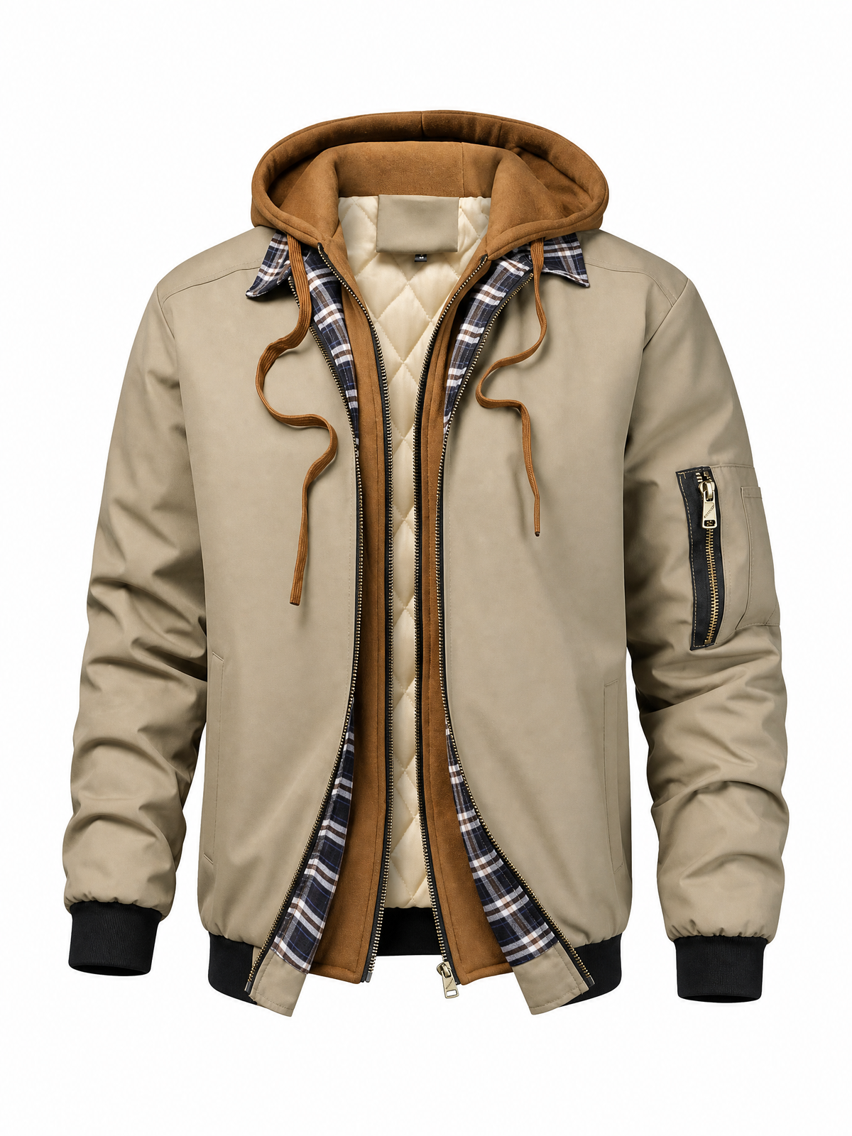 LIVORA Men's Plaid Fleece Jacket | Zip-Up Hooded Jacket with Pockets