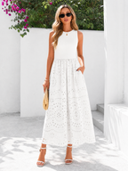 LIVORA Women's Cotton Eyelet Maxi Dress | Sleeveless Boho A-Line with Pockets