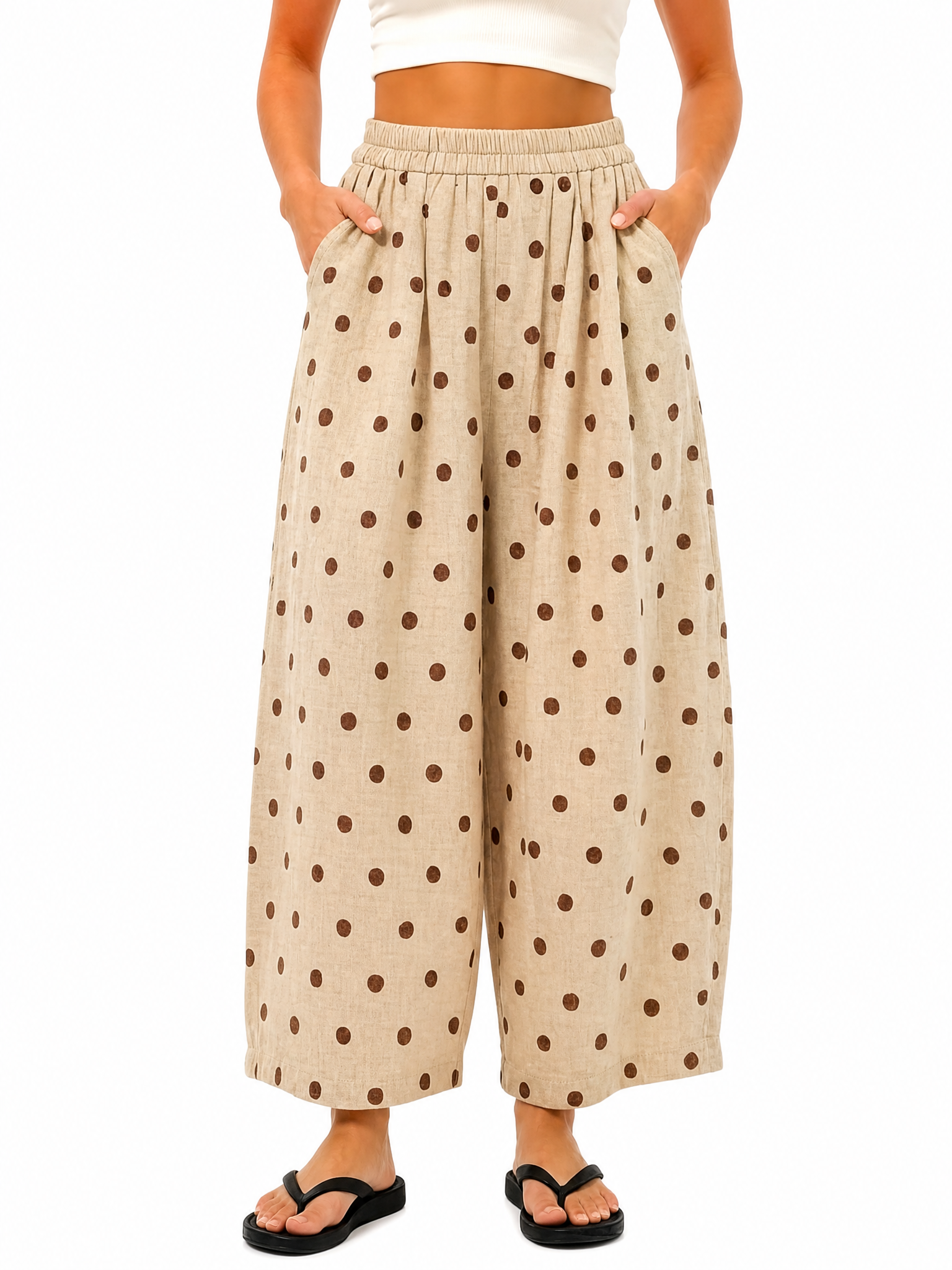 Women's Cotton Linen Polka Dot Wide Leg Pants