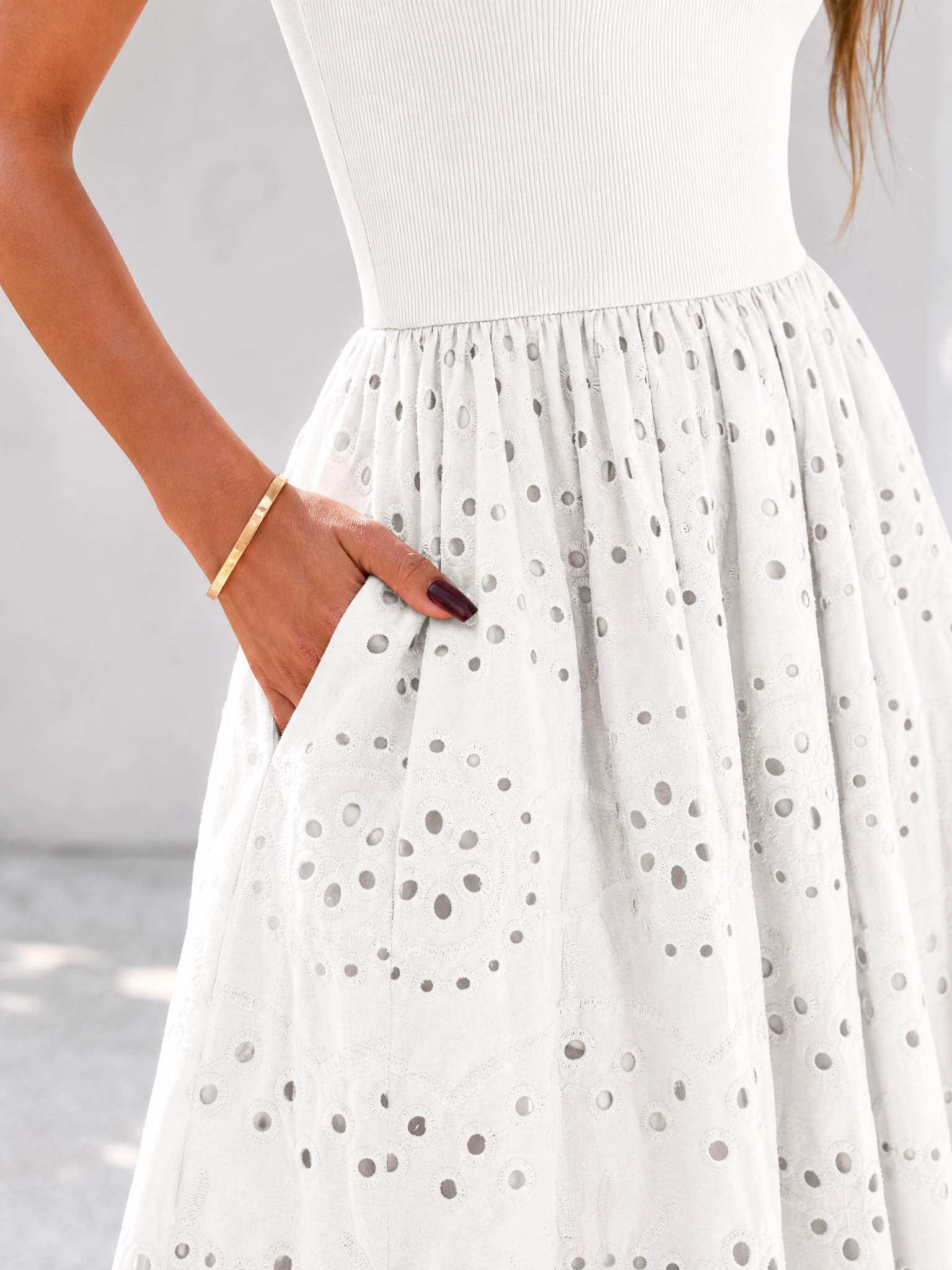 LIVORA Women's Cotton Eyelet Maxi Dress | Sleeveless Boho A-Line with Pockets