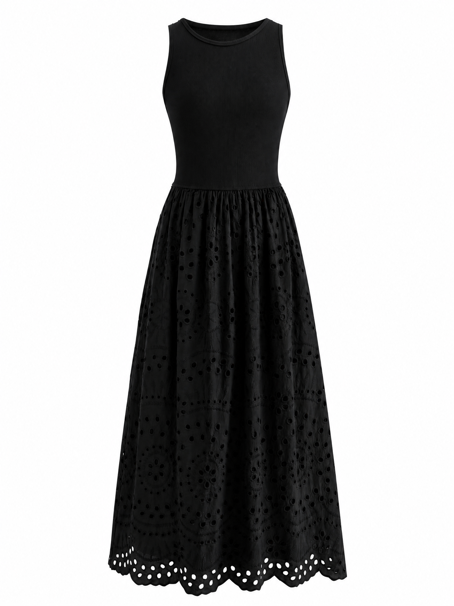 LIVORA Women's Cotton Eyelet Maxi Dress | Sleeveless Boho A-Line with Pockets