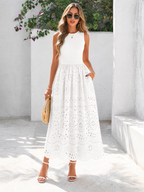 LIVORA Women's Cotton Eyelet Maxi Dress | Sleeveless A-Line Boho Sundress with Pockets