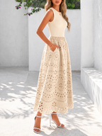 LIVORA Women's Cotton Eyelet Maxi Dress | Sleeveless A-Line Boho Sundress with Pockets