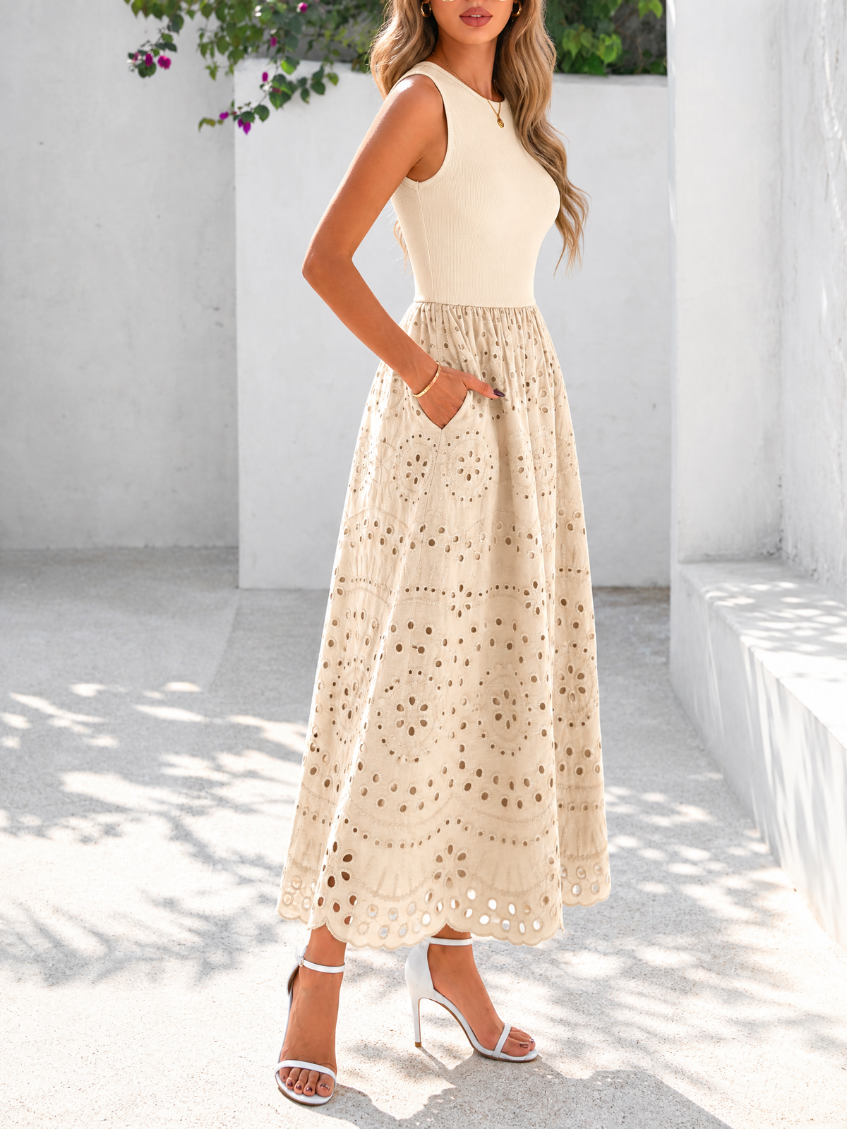 LIVORA Women's Cotton Eyelet Maxi Dress | Sleeveless A-Line Boho Sundress with Pockets