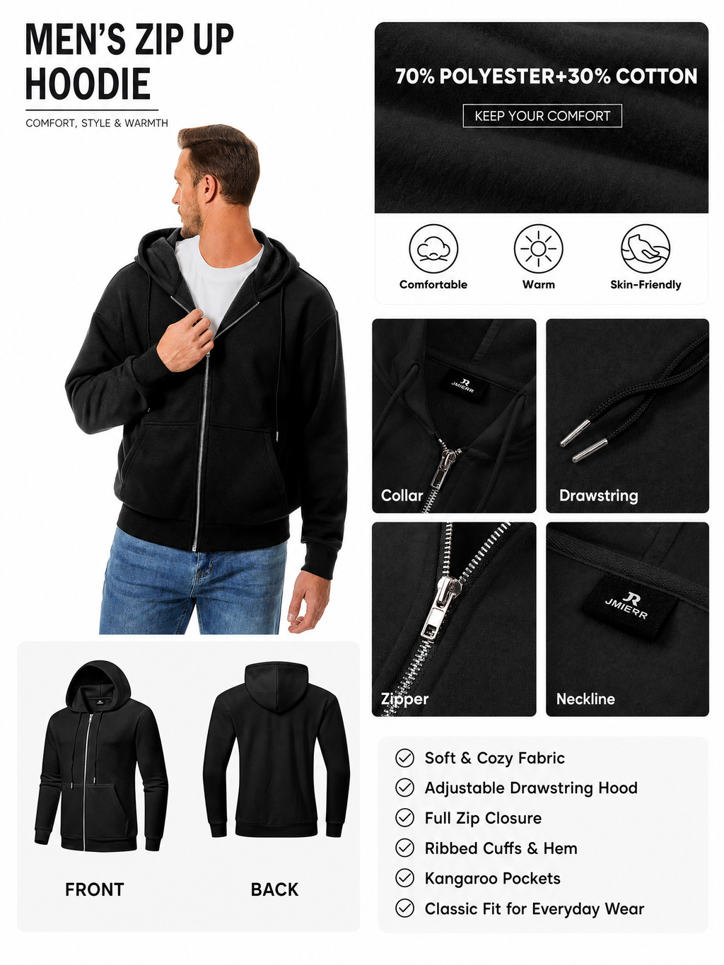 LIVORA Men's Cotton Fleece Hoodie | Warm Solid Color Sweatshirt