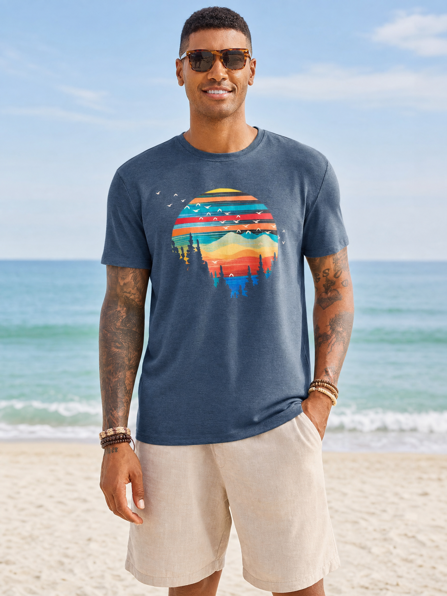 LIVORA Men's Vintage Sunset Graphic T-Shirt | Lightweight Crewneck Tee