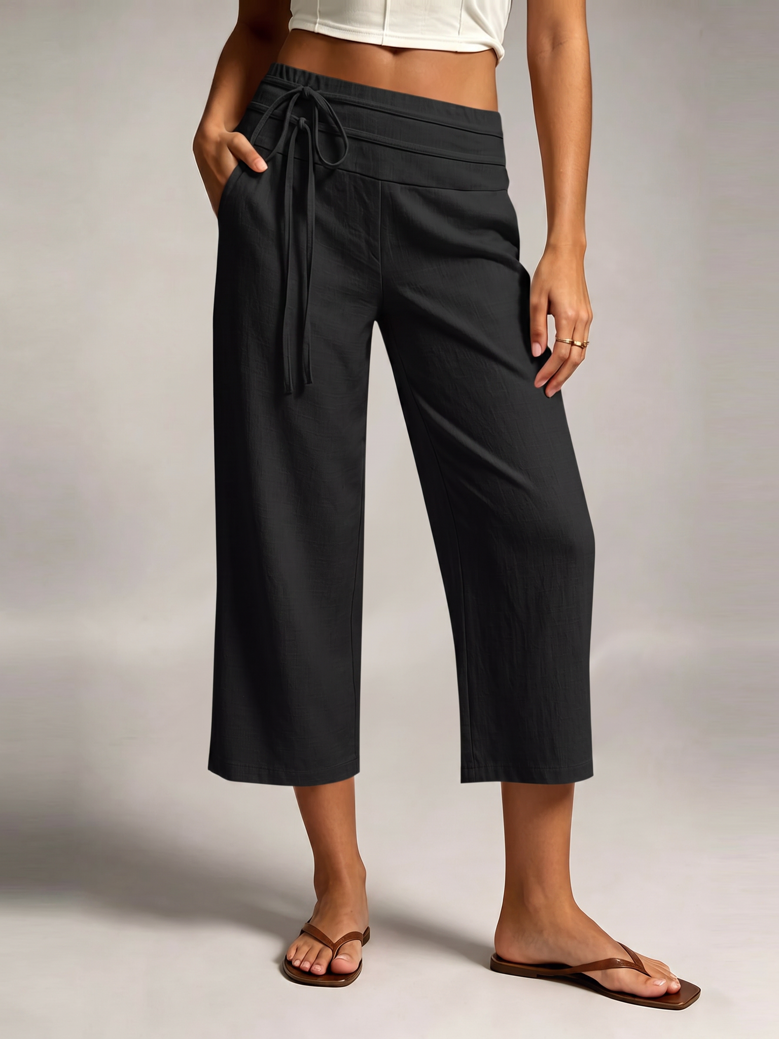 LIVORA Women's Linen Wide Leg Capri Pants | Front Tie Elastic Waist