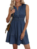 Women's Sleeveless Denim Mini Dress | Tiered Chambray Dress