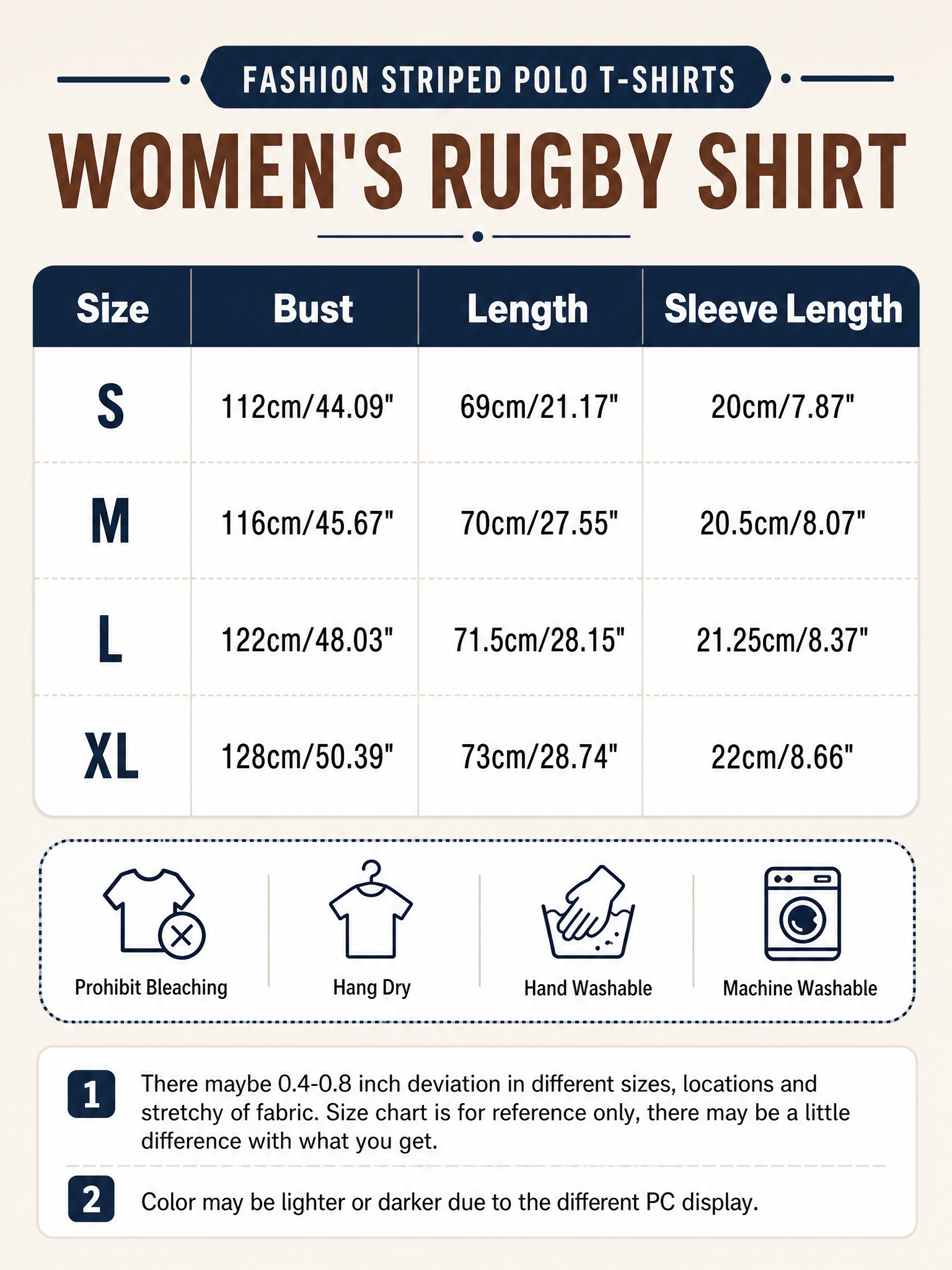 A size chart infographic for women's striped polo t-shirts, showing measurements in centimeters and inches for sizes S, M, L, and XL, along with care icons and two notes at the bottom.